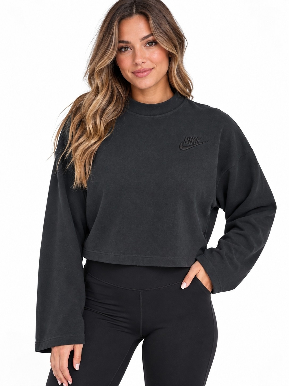 Nike Women's Charcoal Cropped Mock Neck Sweatshirt